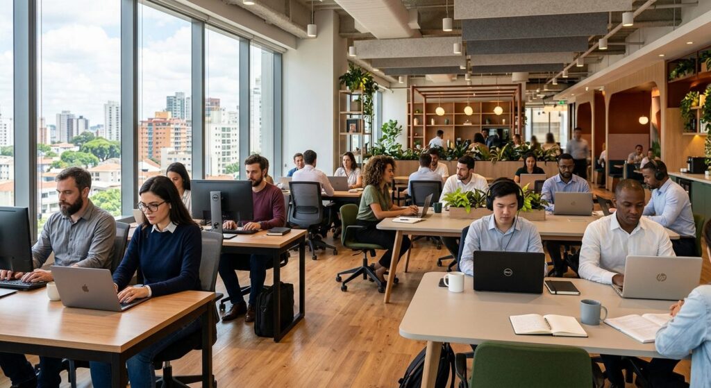 Moderne coworking office med professionelle arbejdspladser og naturligt lys