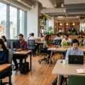 Moderne coworking office med professionelle arbejdspladser og naturligt lys