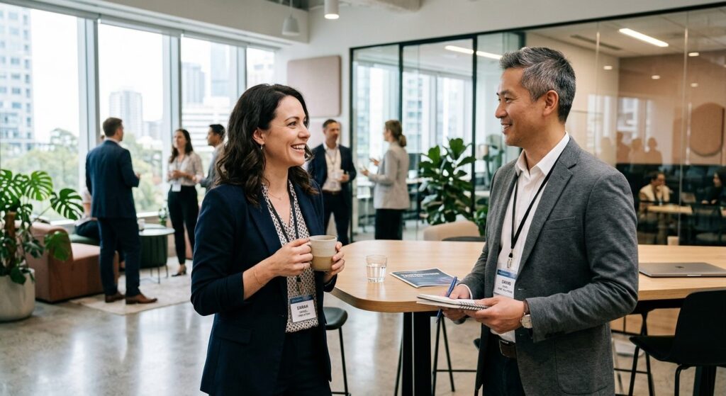 To professionelle mennesker i samtale på moderne arbejdsplads med autentisk kropssprog og naturligt social interaktion