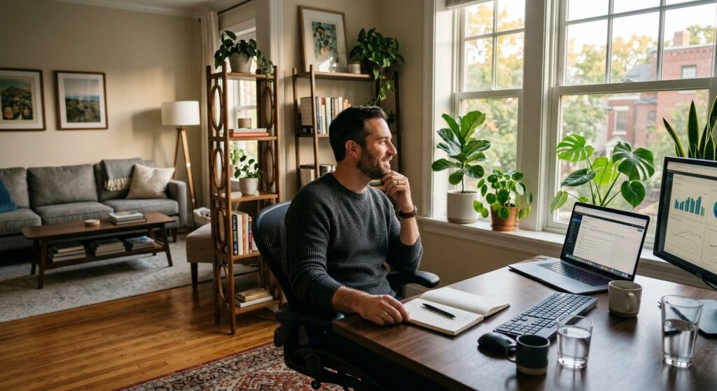 Mand ved hjemmekontorskrivebord skaber mental afstand fra arbejdet med dagslys og naturlige elementer