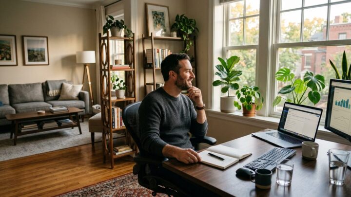 Mand ved hjemmekontorskrivebord skaber mental afstand fra arbejdet med dagslys og naturlige elementer