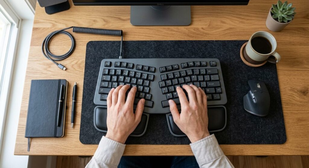 Ergonomisk tastatur placeret på et professionelt skrivebord med korrekt håndposition