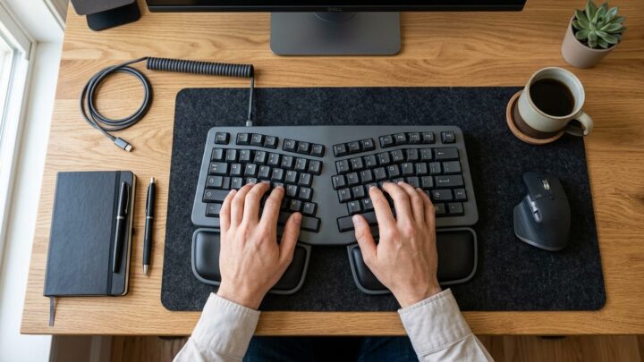 Ergonomisk tastatur placeret på et professionelt skrivebord med korrekt håndposition