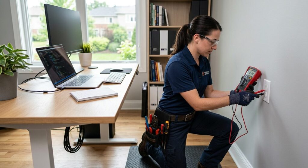 Elektriker inspicerer stikkontakt i moderne hjemmekontor med måleudstyr
