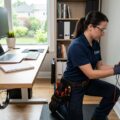 Elektriker inspicerer stikkontakt i moderne hjemmekontor med måleudstyr