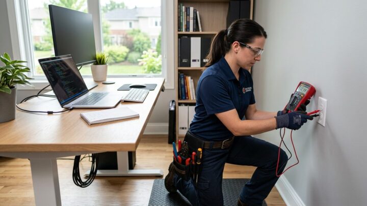 Elektriker inspicerer stikkontakt i moderne hjemmekontor med måleudstyr