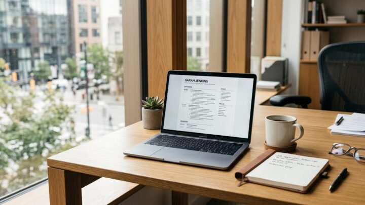 Opdateret CV-dokument på computerskærm på moderne hjemmekontor med dagslys