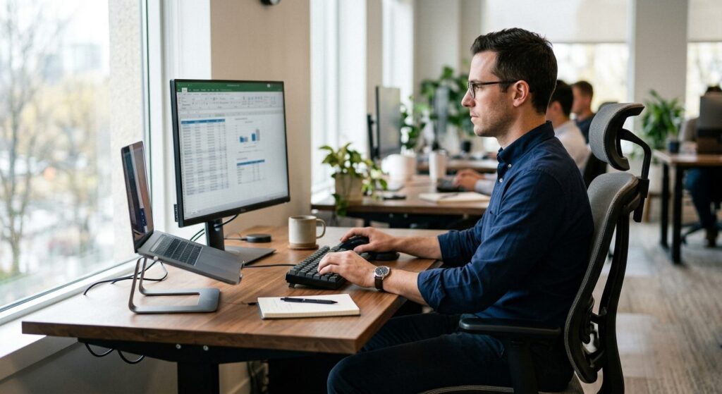 Mand der arbejder ved skrivebord med korrekt skærmafstand og øjenhøjde for ergonomisk arbejdsstilling