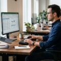 Mand der arbejder ved skrivebord med korrekt skærmafstand og øjenhøjde for ergonomisk arbejdsstilling
