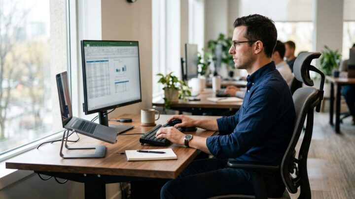 Mand der arbejder ved skrivebord med korrekt skærmafstand og øjenhøjde for ergonomisk arbejdsstilling