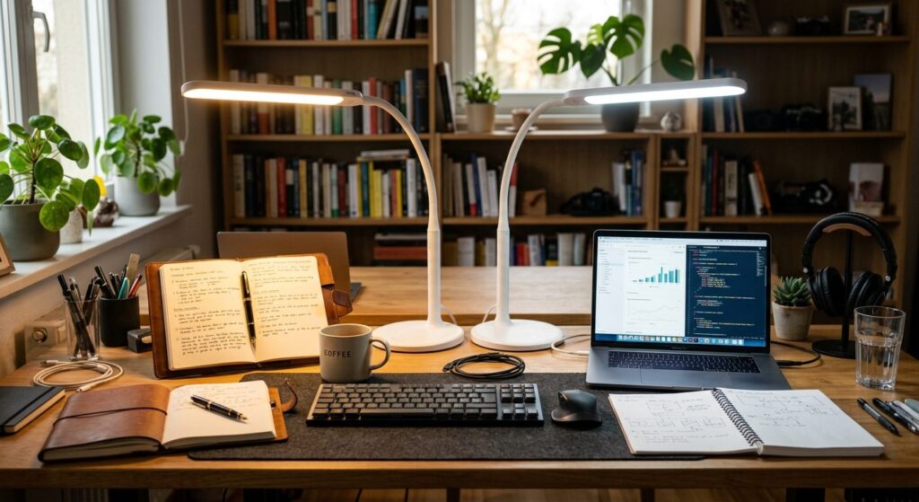 Et stilrent arbejdsværelse med optimalt skrivebordslys der belyst dokumenter uden refleksioner