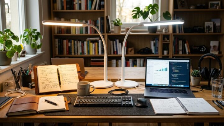 Et stilrent arbejdsværelse med optimalt skrivebordslys der belyst dokumenter uden refleksioner