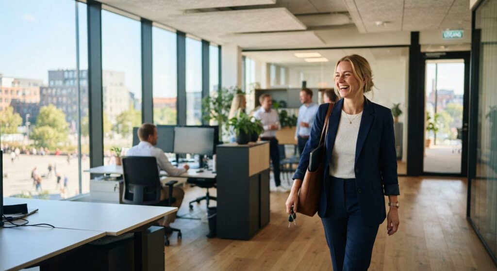 Dansk medarbejder forlader kontoret glad som led i 4-dages arbejdsuge
