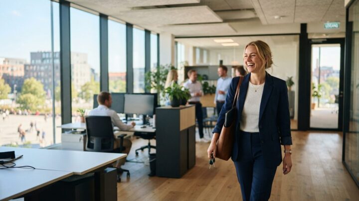Dansk medarbejder forlader kontoret glad som led i 4-dages arbejdsuge
