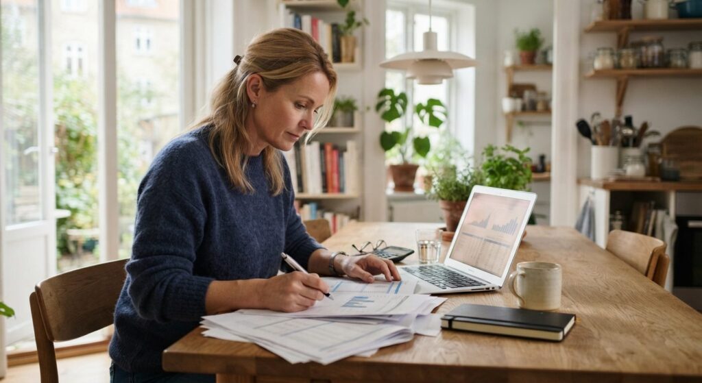 Dansk lønmodtager tjekker dagpenge sats og budget ved køkkenbordet