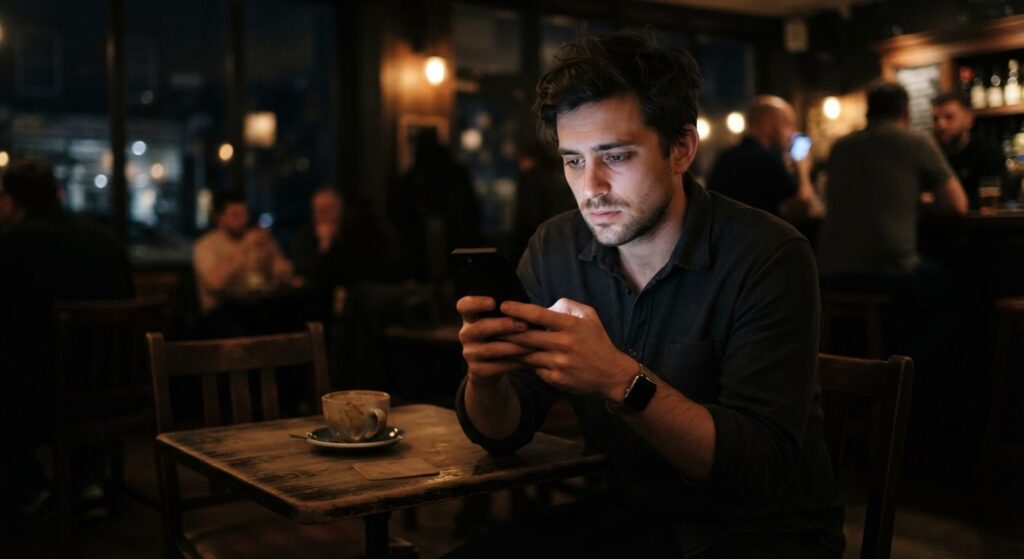Træt person kigger på mobiltelefon med mange notifikationer om aftenen, illustrerer digital udmattelse