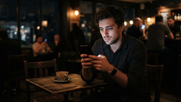 Træt person kigger på mobiltelefon med mange notifikationer om aftenen, illustrerer digital udmattelse