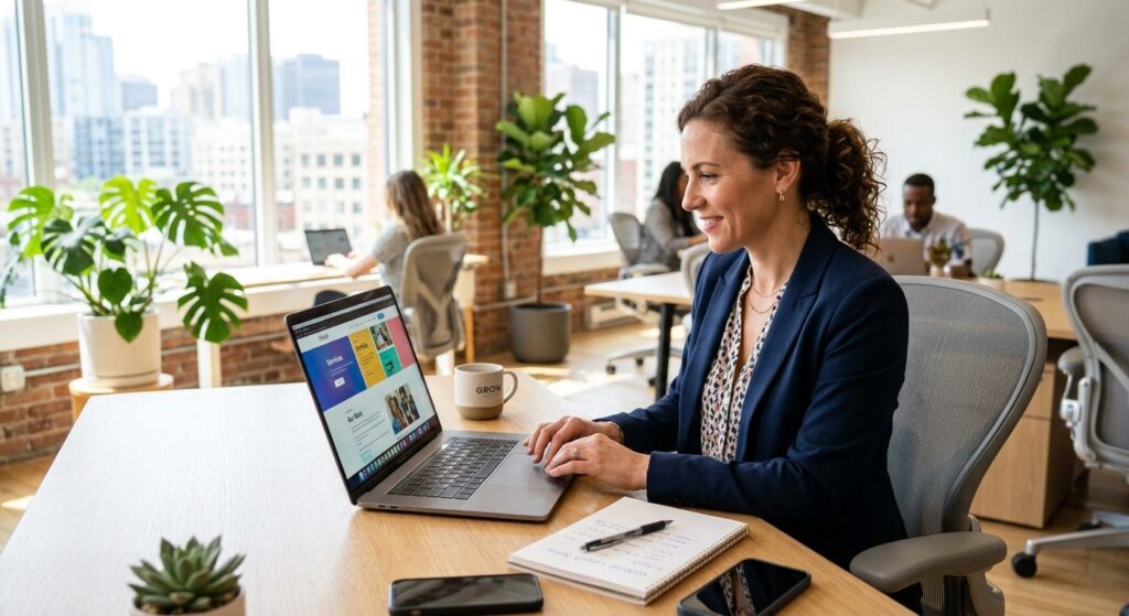 Erhvervsdrivende i Odense gennemgår design af ny hjemmeside på laptop