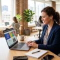 Erhvervsdrivende i Odense gennemgår design af ny hjemmeside på laptop