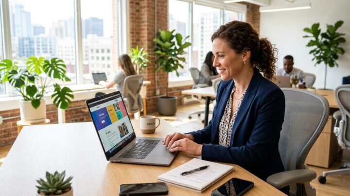 Erhvervsdrivende i Odense gennemgår design af ny hjemmeside på laptop