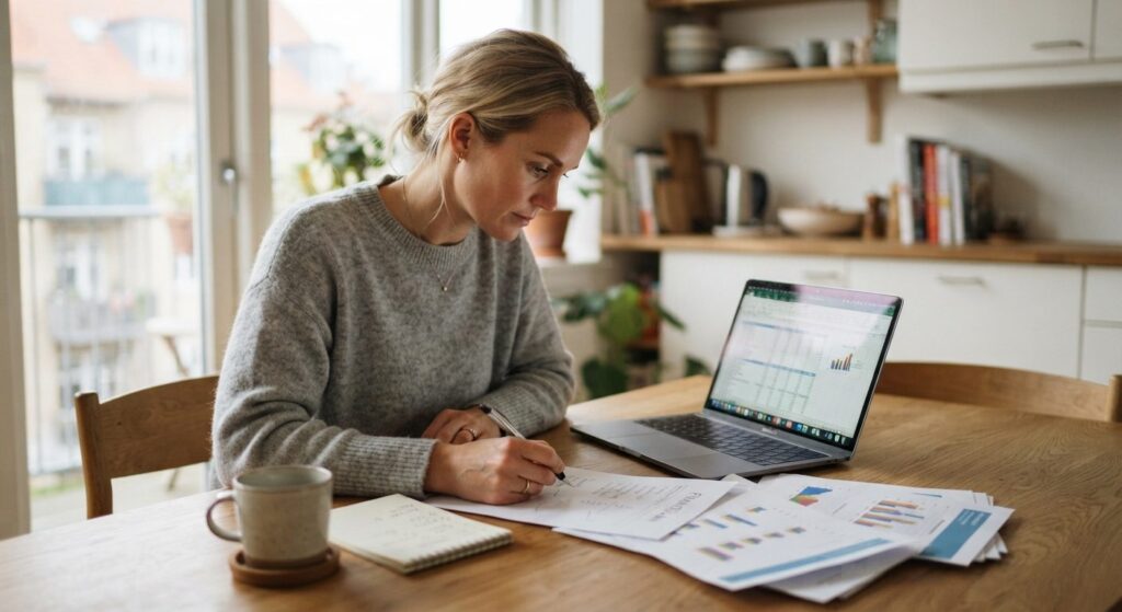 Dansker der planlægger at spare op til pension ved hjælp af budget og laptop