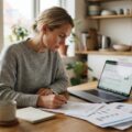 Dansker der planlægger at spare op til pension ved hjælp af budget og laptop
