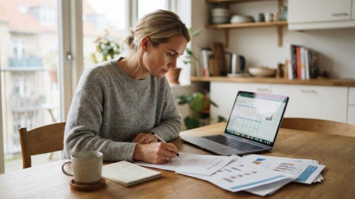 Dansker der planlægger at spare op til pension ved hjælp af budget og laptop