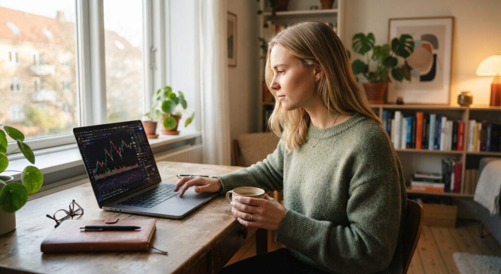 Dansk lønmodtager undersøger investering for begyndere på laptop derhjemme
