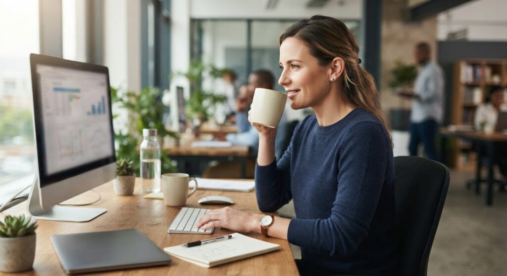 Professionel medarbejder drikker kaffe ved skrivebordet mens han arbejder koncentreret