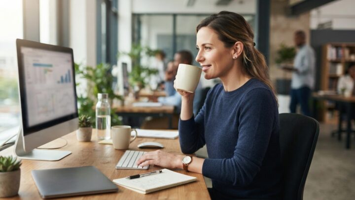 Professionel medarbejder drikker kaffe ved skrivebordet mens han arbejder koncentreret