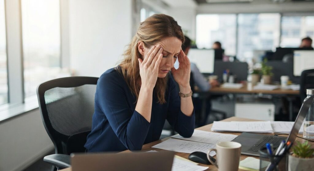 Stresset professionel ved skrivebord viser tidlige tegn på stress