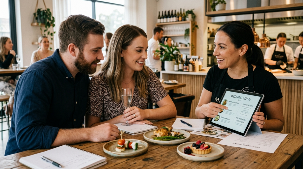 Close-up of an engaged couple consulting with a professional