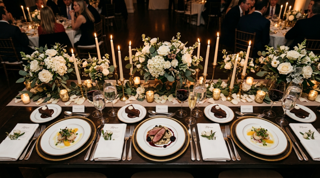 Overhead view of a luxury wedding reception table with multi