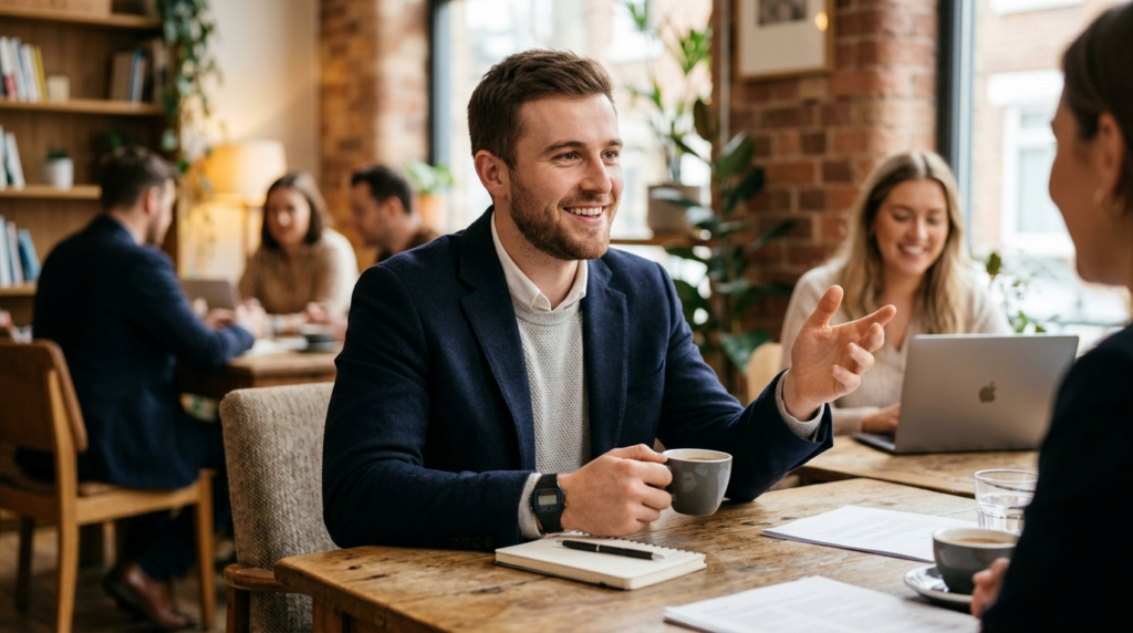 Lifestyle photograph of a young professional man wearing a C