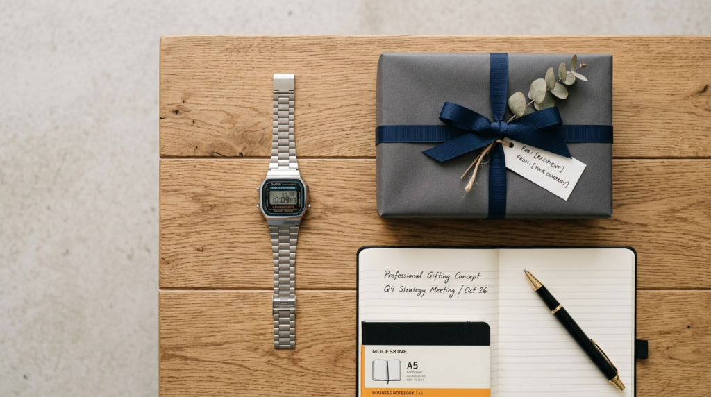 Flat lay composition of a CASIO digital watch next to a wrap