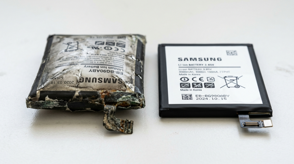 Close-up photorealistic image of a degraded smartphone batte