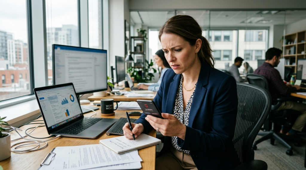 Busy professional woman in business attire working at her de