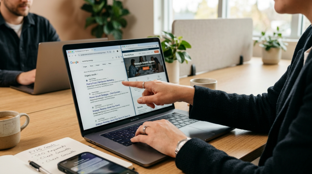 Close-up of a marketing managers hands pointing at a laptop