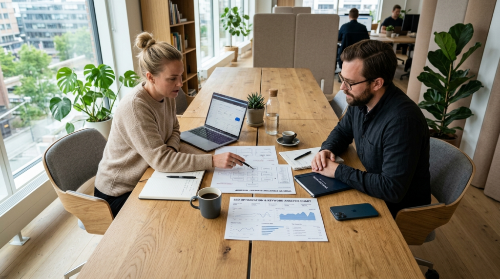 Overhead view of a professional digital strategy session wit