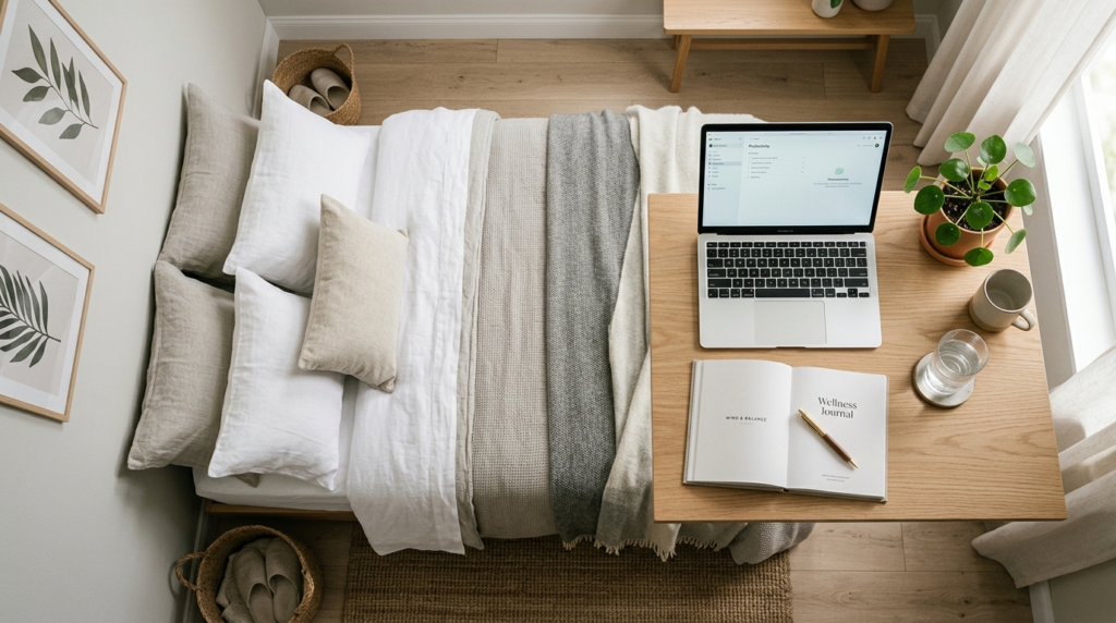 Overhead flat lay of a modern Scandinavian bedroom workspace