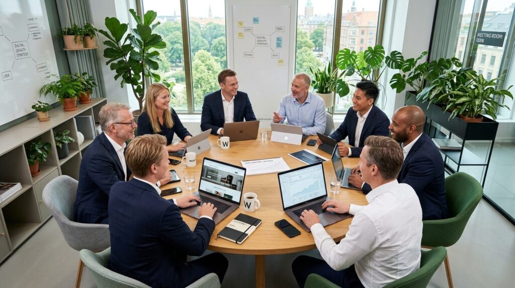 Photorealistic overhead shot of a round table meeting betwee