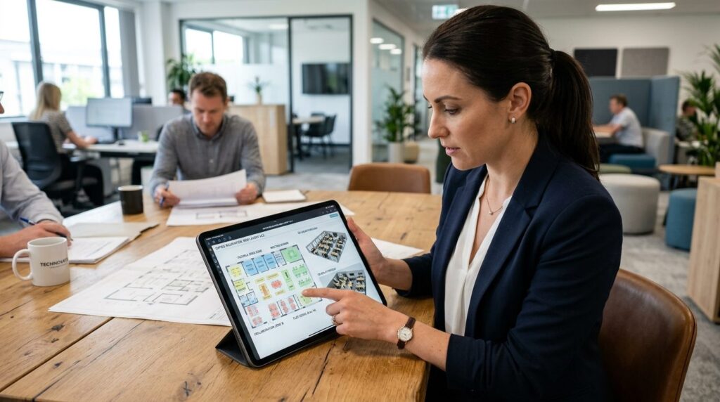 Close-up of business manager reviewing digital floor plans a