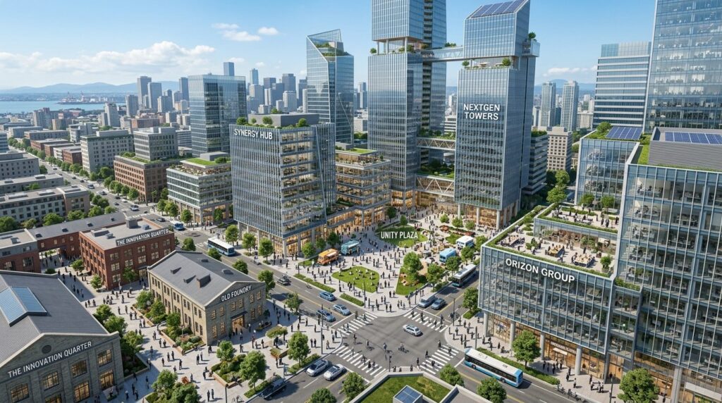 Aerial view of modern business district with contemporary of