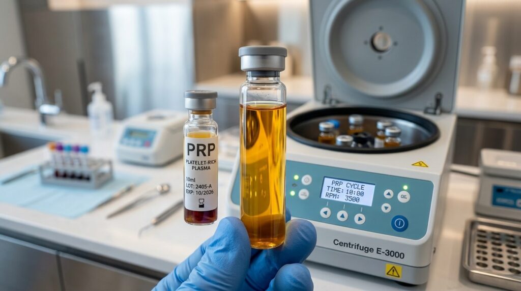 Close-up detail of PRP vial with golden-amber platelet-rich 