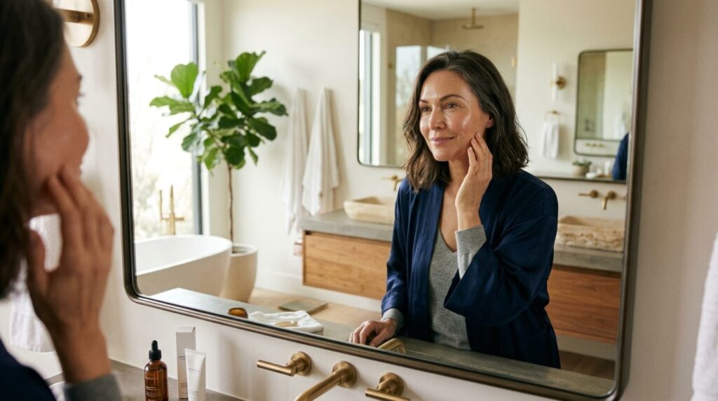 Successful mature professional woman examining her skin in m