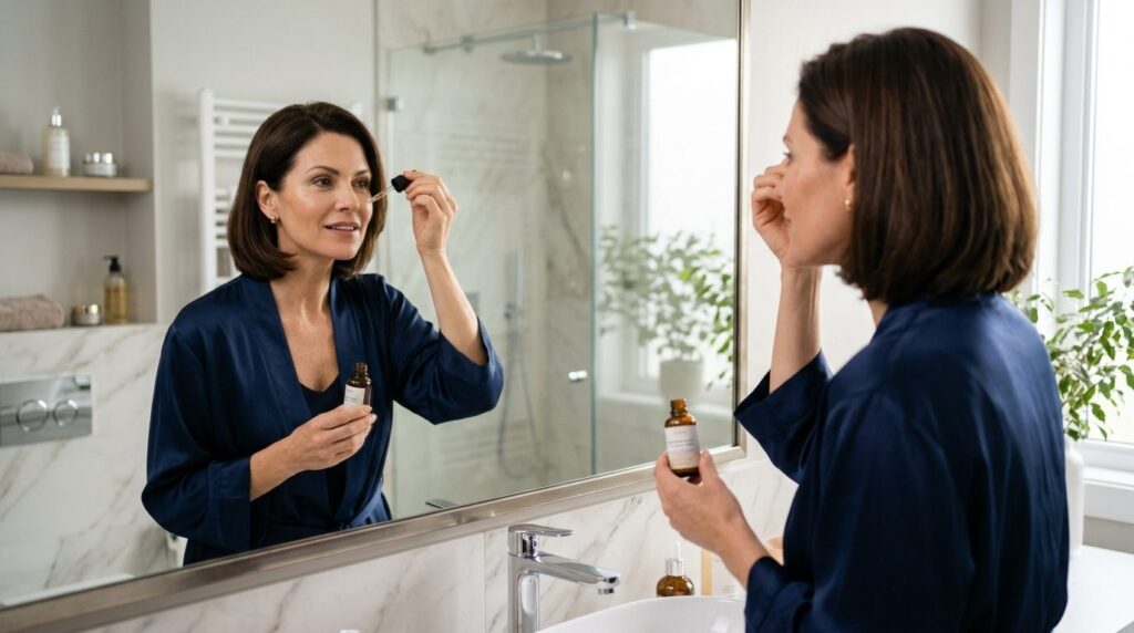 Mature professional woman applying serum to face in modern b