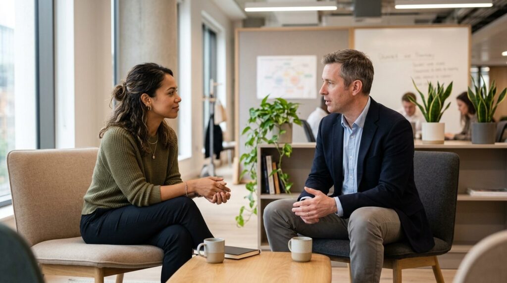 Two professionals in business casual attire having a meaning