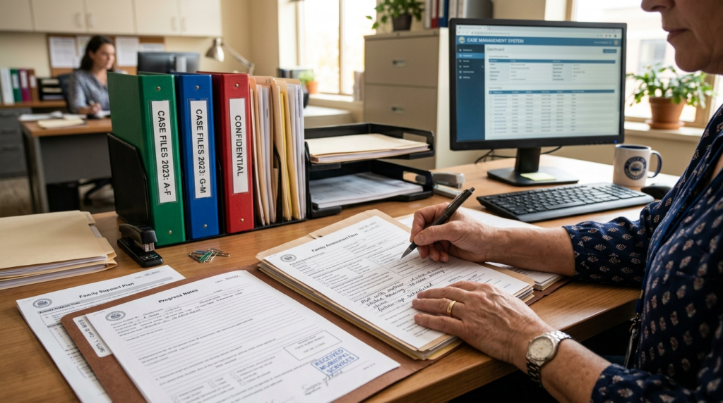 Close-up of a municipal case workers hands reviewing family