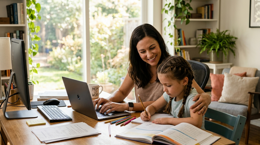 Parent balancing work laptop and family time at home, child 