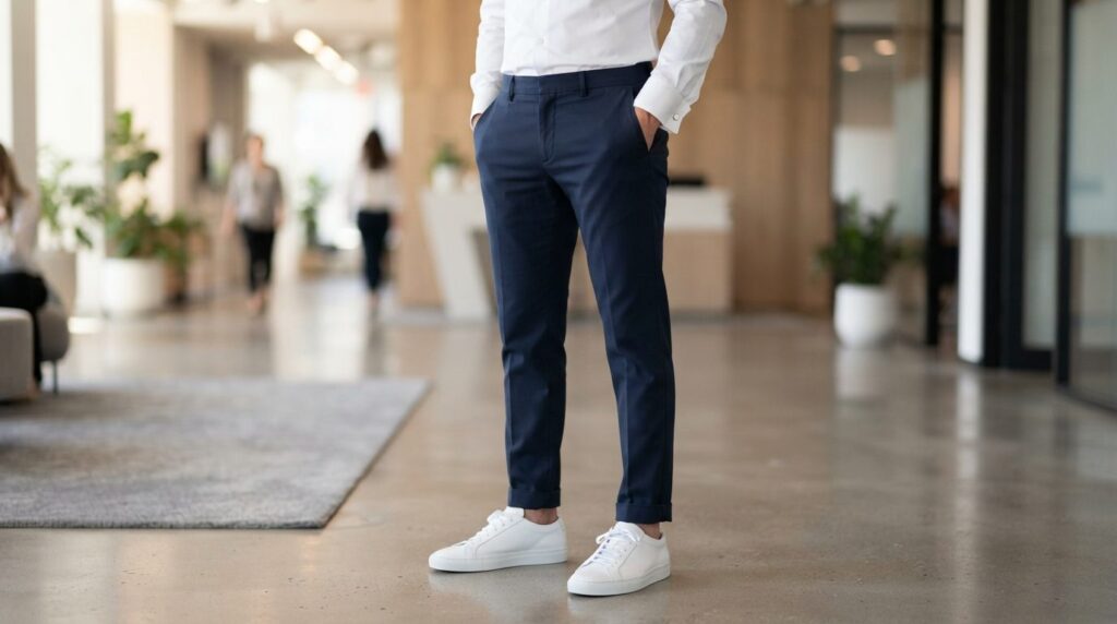 Close-up of premium minimalist sneakers paired with tailored